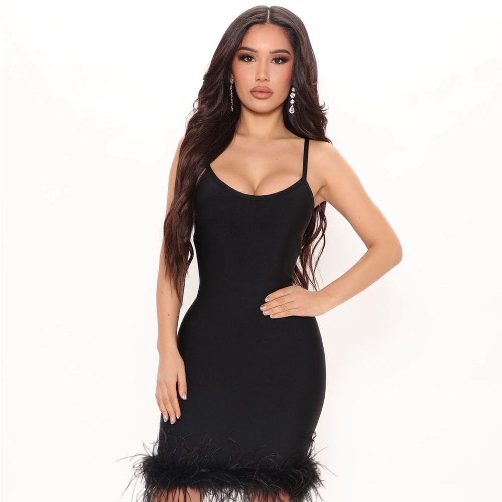 Black bandage dress with feathers